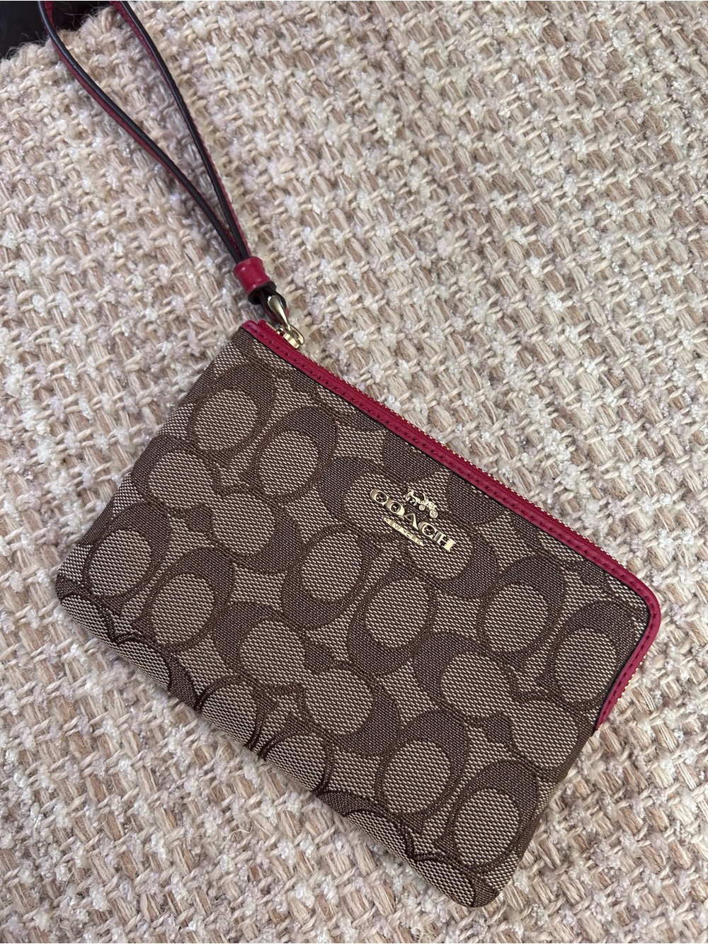 Coach Signature Canvas Wristlet in Brown with Red Trim